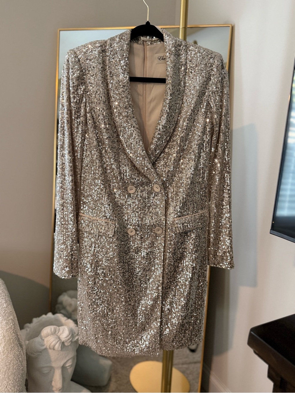 Eliza J Champagne Sequin Double-Breasted Blazer